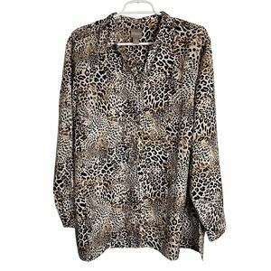 Chico's Button Down Blouse Womens Size 3 Long Sleeve Animal Print Mobwives Top